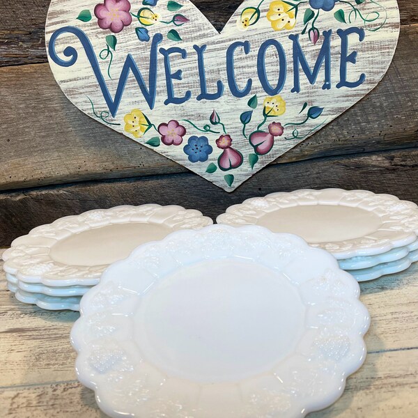 Set of 7 (Seven) GORGEOUS Westmoreland Paneled Grape Milk Glass SALAD/LUNCHEON Plates, vintage kitchen, farmhouse decor, cottage, wedding