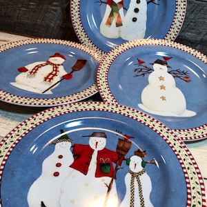 Sakura Snowman Set of 4 (Four) Dessert/Salad PLATES, Christmas, Christmas Dinner,New Year Party,Debbie Mumm, replacements