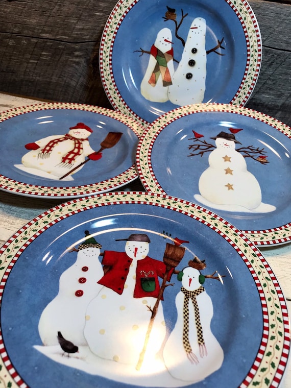Sakura Snowman Set of 4 (four) Dessert/salad PLATES, Christmas