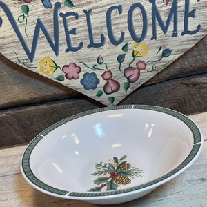 Festive Vegetable Serving Bowl in the Wintergreen Pattern by FAIRFIELD, Christmas Dishes, Holly, Mistletoe, Pinecones, Holiday Table,