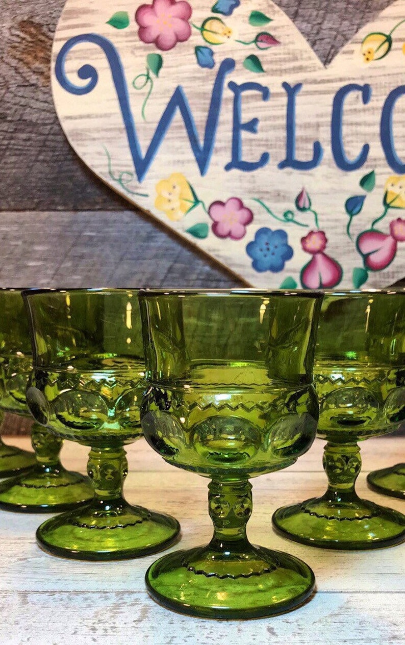 1960/'s Gorgeous Set of 4 GREEN WINE Goblets in the Thumbprint Kings Color Crown Pattern by Colony-Indiana Glass mid century, Retro Four