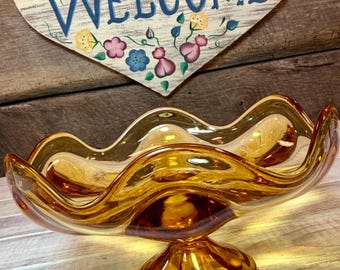 Compotera redonda vintage Viking Epic Six Petal AMBER de los años 60, estilo MCM, cristal oscilante, retro, mediados de siglo.