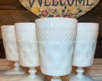 Set of 4 (Four) Gorgeous McKee Opal Milk Glass ICED TEA Goblets, Mid-Century Stemware Cross-Hatch Dot Design, Retro, Country Chic