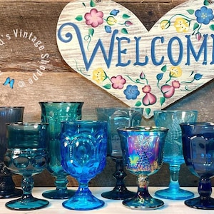 Set of 8 (Eight) GORGEOUS Mismatched BLUE Vintage WATER Goblets -Premium Vintage Glassware Collection- weddings, receptions, Dinner Parties