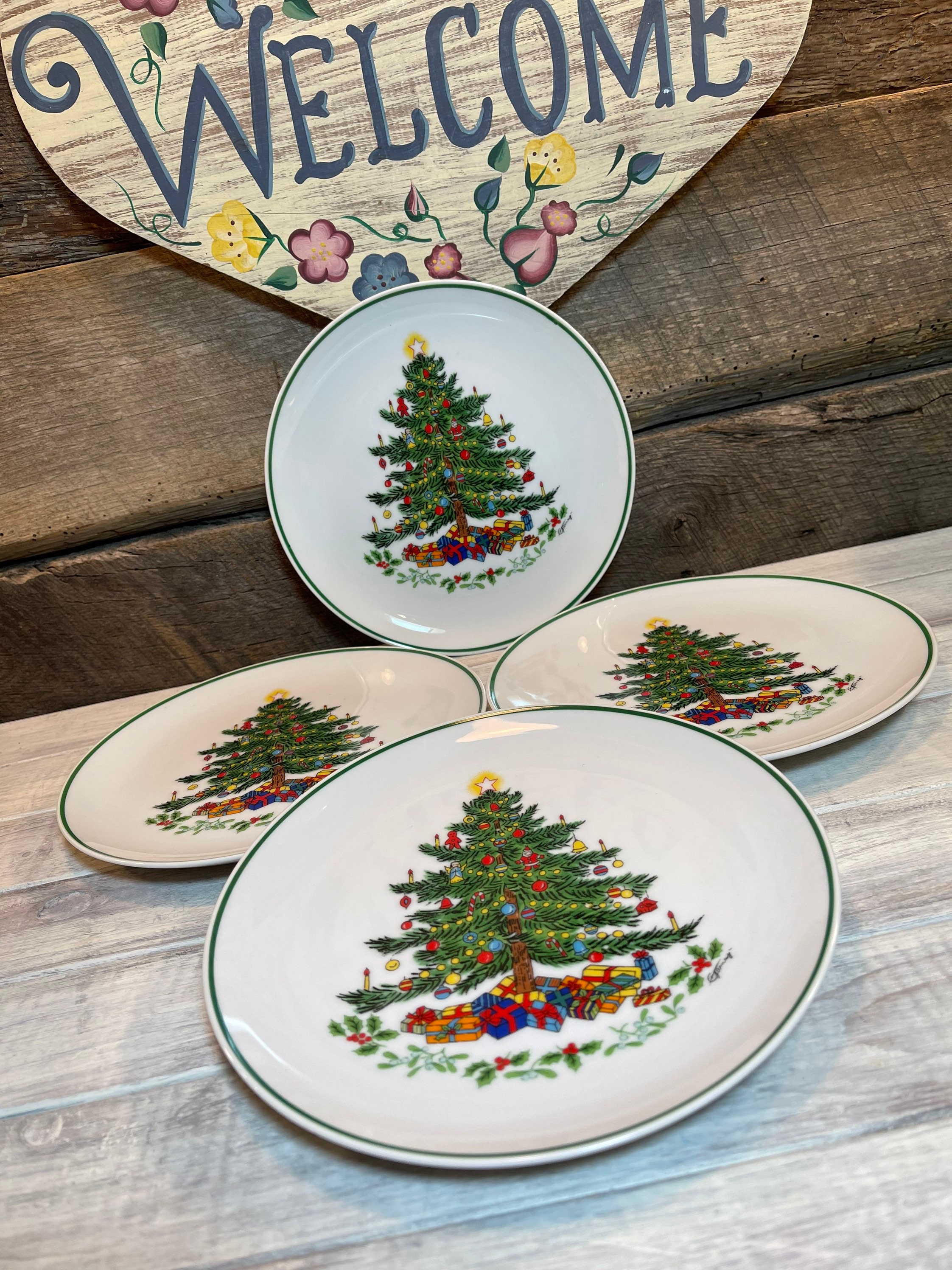 Set of 4 FOUR Vintage Dayton Hudson Christmas Tree SALAD Plates With Green Trim Made in Japan Christmas Dinner Christmas Party Etsy