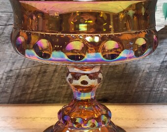 AMBER Carnival Glass Wedding Bowl in the Kings Crown Thumbprint pattern, Candy Dish, Retro, mid century, Amber glass
