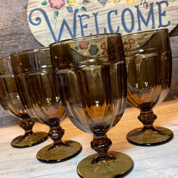 Set of 4 (FOUR) STUNNING MOCHA Brown Libbey Duratuff Gibraltar Iced Tea Goblets, retro dinnerware, smoke, Topaz, brown glass,