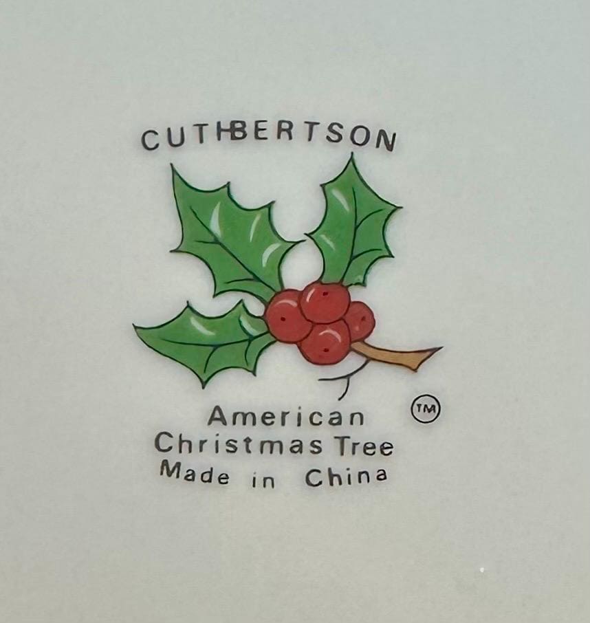 Set of 6 (Six) Cuthbertson American Christmas Tree SALAD PLATES with Red Trim, Christmas, Christmas Dinner, Discontinued, Christmas China