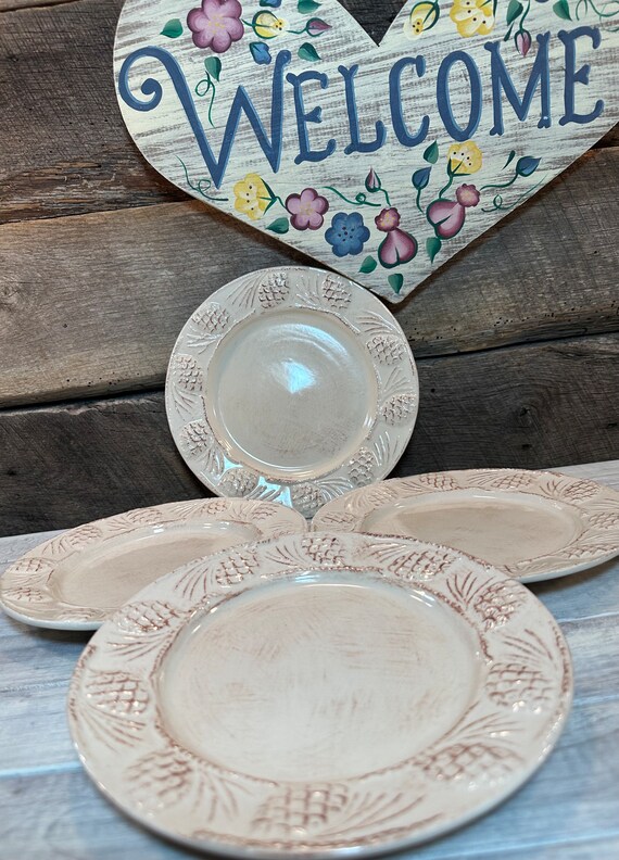 Gorgeous Set of 4 four Salad dessert Plates Holiday Pine Cone Cream by HOME Brand DISCONTINUED Christmas Dishes Etsy Australia