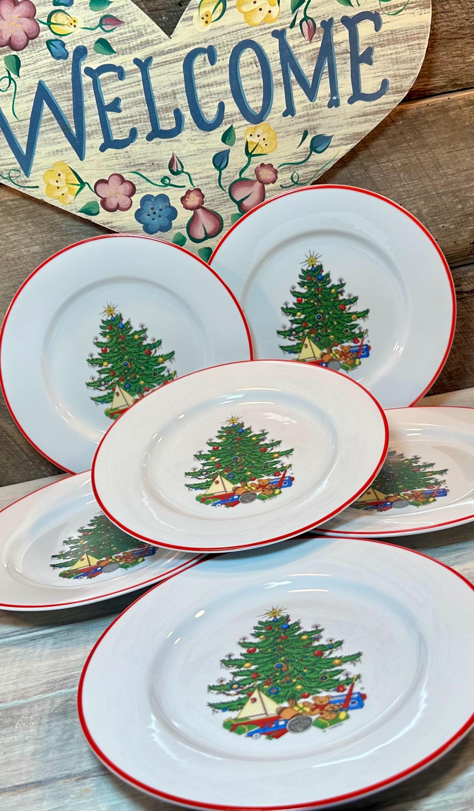 Set of 6 (Six) Cuthbertson American Christmas Tree SALAD PLATES with Red Trim, Christmas, Christmas Dinner, Discontinued, Christmas China