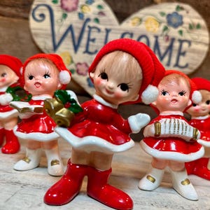 Adorable set of 5 (Five) *RARE* 1950s Vintage Napcoware Christmas Girls/Pixies figurines with Hair, Cottage core, Christmas decor,Japan, Elf
