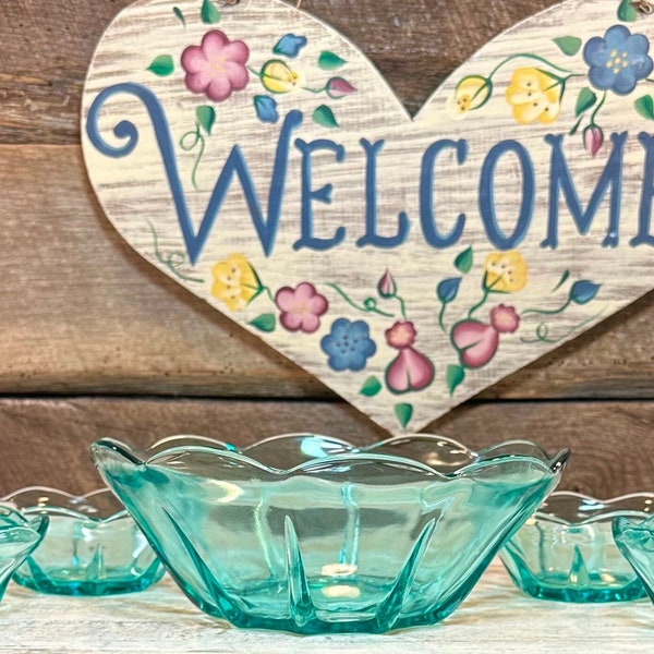 Gorgeous 5 (Five) Piece Swedish Modern Aquamarine Dessert/Salad Bowl Set by Anchor Hocking, Cottage Core, Entertaining, Dinner Parties