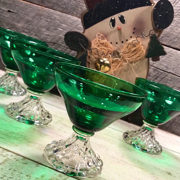 Set of 4- GORGEOUS Burple Green Champagne/Tall Sherbet Glasses by ANCHOR HOCKING, Christmas, Holiday Table, elegant, tablescape