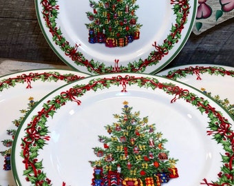 Set of 4- SALAD PLATES in the Holiday Celebrations (Green Trim) Pattern by Christopher Radko, Christmas Table, Christmas