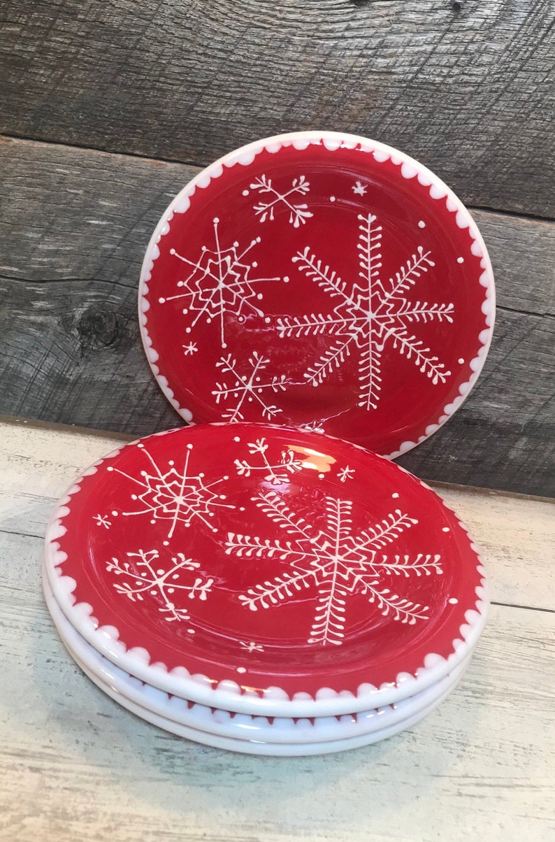 Set of 4 Christmas Snowflake SALAD PlatesRed with Beautiful Etsy