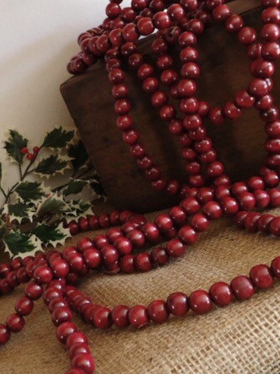 Vintage 9 Foot Long Strand of RED Wooden Bead Christmas Garland