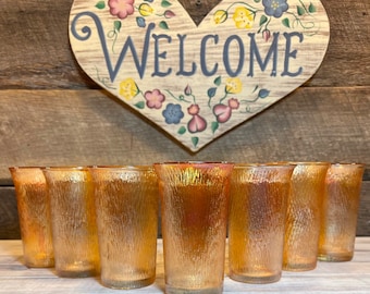 Stunning Set of 7 (Seven) Vintage Carnival Orange -Tree Bark Marigold 6 oz Tumblers by IMPERIAL GLASS, Cottage core, farmhouse