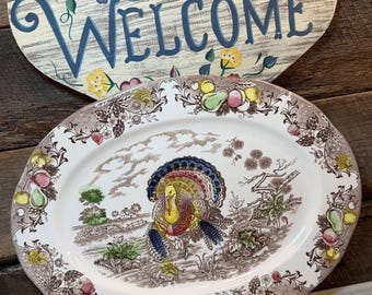SCHITTERENDE bruine transferware kalkoenschotel, gemaakt in Japan, Thanksgiving, oogst, feesttafel