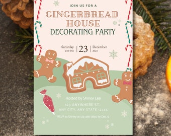 Christmas 2023 Gingerbread House Decorating Party Invitation | Editable Christmas Holiday Party Evite | INSTANT DOWNLOAD | Canva Template