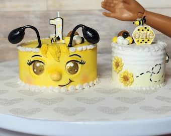 1:6 scale miniature adorable bumblebee inspired 1st birthday cake with smash cake