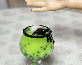 1:6 scale miniature Halloween glow in the dark drink with spider and egg sac