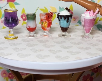 1:6 scale miniature drink assortment, lavender, Matcha inspired, mint cream, pink cream, fruit drink