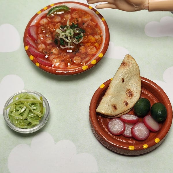 1:6 scale miniature red chile posole bowl inspired set