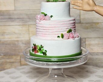1:6 scale miniature fancy pink, white, and green wedding cake