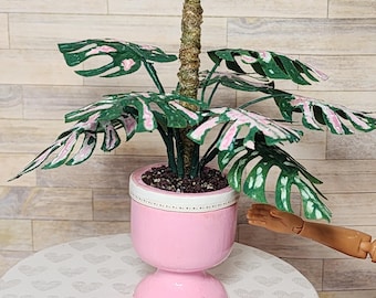 1:6 scale miniature pink Monstera inspired plant