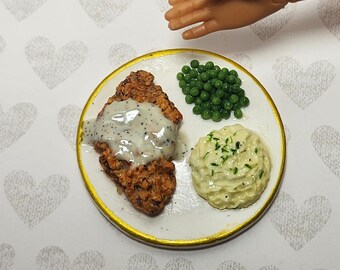 1:6 scale Crispy country fried steak plate with mashed potatoes and peas