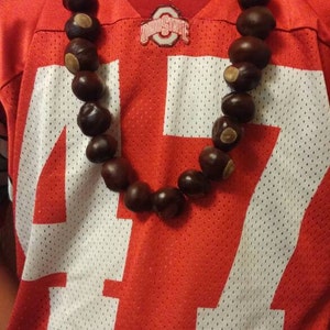 May include: A child wearing a red jersey with the number 47 and the words "Ohio State" on a pin. The child is wearing a necklace made of brown buckeyes.