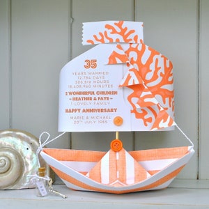 Personalized 35th Coral Wedding Anniversary Card with Nautical Paper Boat Sailboat Design