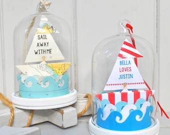 Personalised Origami Sail Boat Dome: Hanging Glass Cloche Decoration
