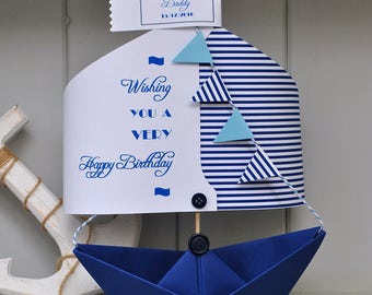 Personalized Nautical Birthday Card with Paper Boat and Charms - Unique Sailing-Themed Gift