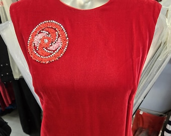 Vintage Red Velvet 1960er Jahre MCM KLEID mit PERLEN Ihrer Größe Medium