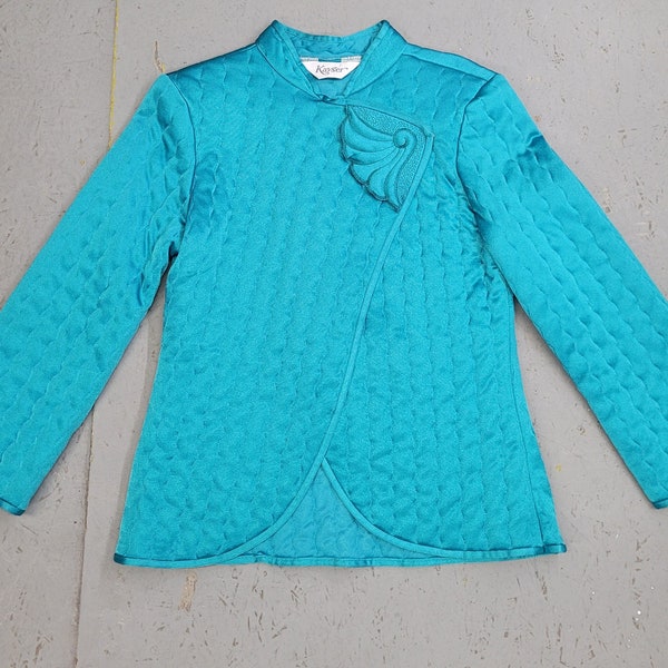 Stunning 1980s VINTAGE Turquoise Quilted BED JACKET Size Small