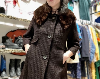 VINTAGE 1960's FAUX Fur COLLAR Brown Women's Overcoat By Rosita New York/Montreal, Size Medium