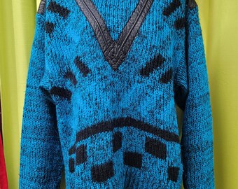 Totally RADICAL 1980s pullover sweater with LEATHER size Extra Large