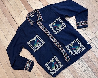 AWESOME Vintage GUATEMALA Quetzal EMBROIDERY Dark Blue Shacket Size Large