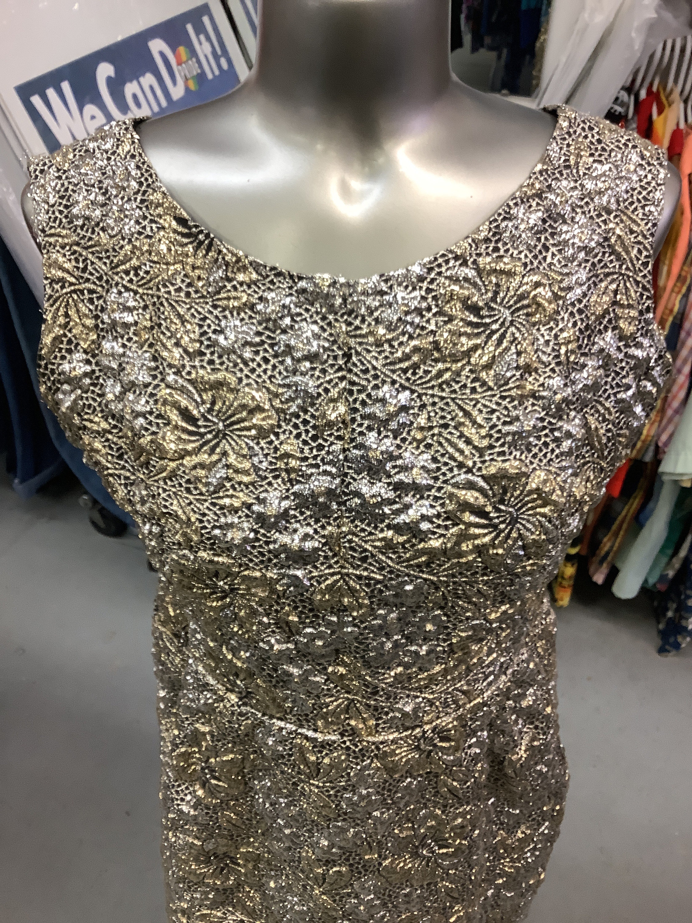 Elegant Vintage MCM GOLD and SILVER Sparkle Thread Brocade Dress Size Medium