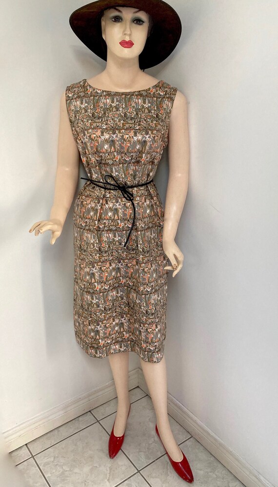 STUNNING 1960s MCM ancient Egyptian print dress with … Gem