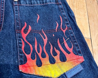 1990s Vintage SNAKE EYES Flared Wide Leg Y2K Rave FLAME Jeans Size 