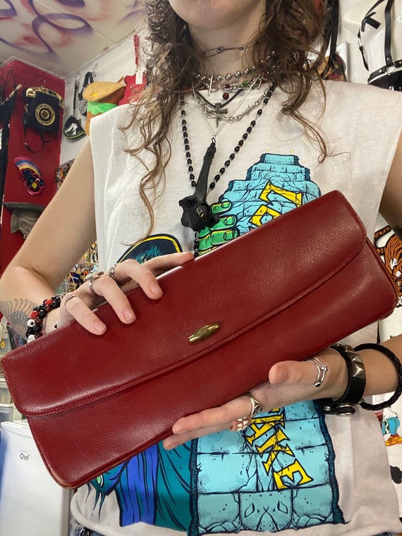 Pochette Clutch Vintage En Cuir Rouge, Poche Avant, Fermoir Pression - Occasion