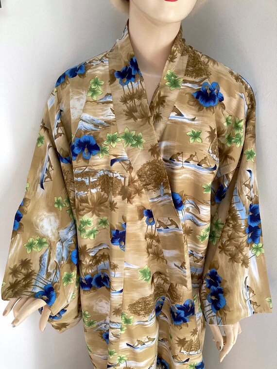 Vintage 1970s HAWAIIAN theme KIMONO robe with pal… - image 4