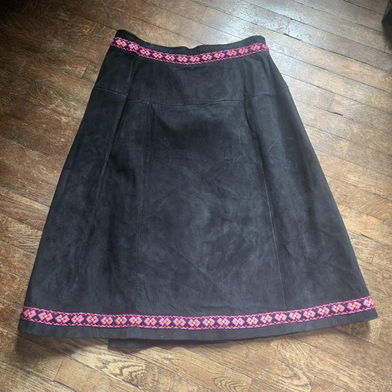 Vintage 1970s BLACK SUEDE Wrap SKIRT With Beautiful Woven Trim - Main Image