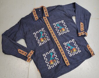 DELIGHTFUL Hand EMBROIDERED Denim look cotton shirt - front/back designs - Made in GUATAMALA size Extra Large