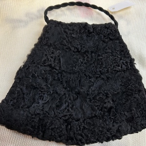 Vintage 1940s BLACK PERSIAN Lamb  and Wool MUFF with zippered compartment