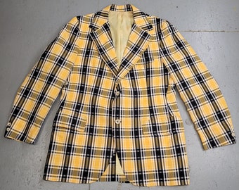 VINTAGE 1970's PLAID Yellow, Black and White DAPPER Suit Jacket by Leons Mens Wear Size Large