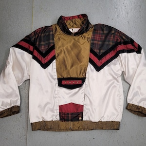 VINTAGE 1980s Plaid and Bronze Totally Cool WINDBREAKER Warmup JACKET by Second Wind in size Large