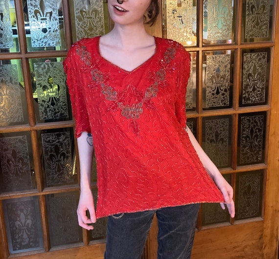 SUPER 1980s SEQUINNED and BEADED Silk Blouse - Red